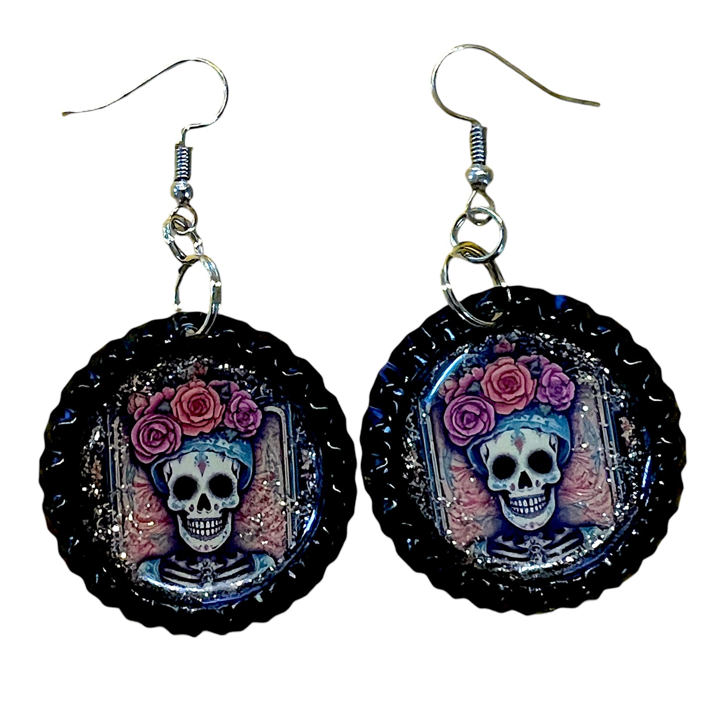 Skull Woman Day of the Dead Muertos Bottle Cap Earrings