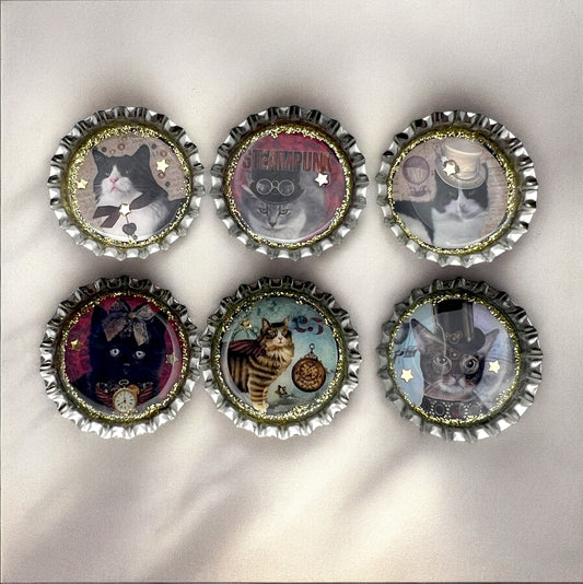 Steampunk Cat Bottle Cap Magnets Set of 6 – Retro Feline Fridge Decor Gift