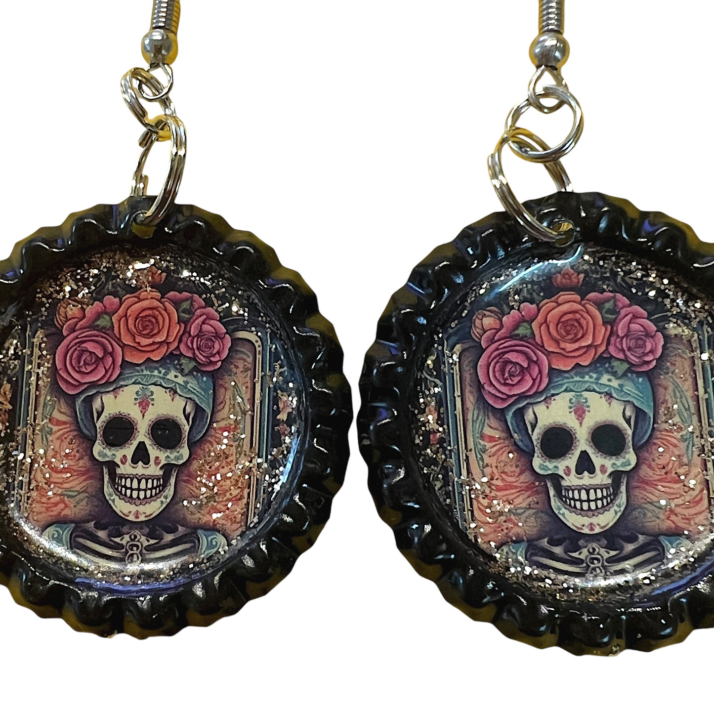 Skull Woman Day of the Dead Muertos Bottle Cap Earrings