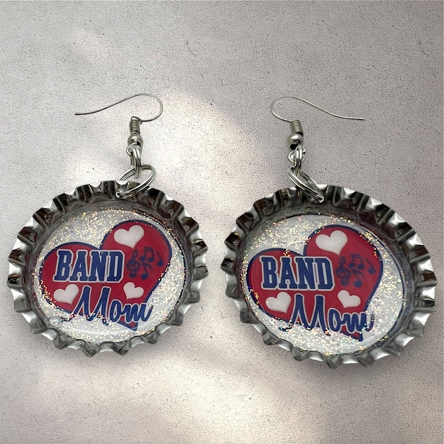 Blue & Red Band Mom Bottle Cap Earrings – Glitter Heart Music Note Dangle Jewelry
