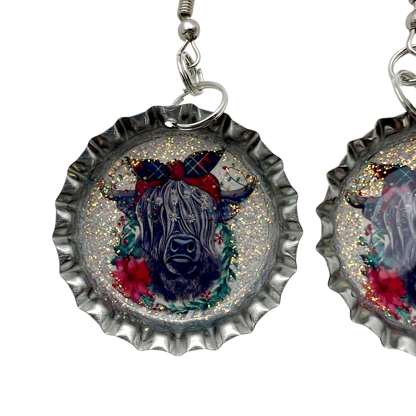 Christmas Highland Cow Bottle Cap Earrings
