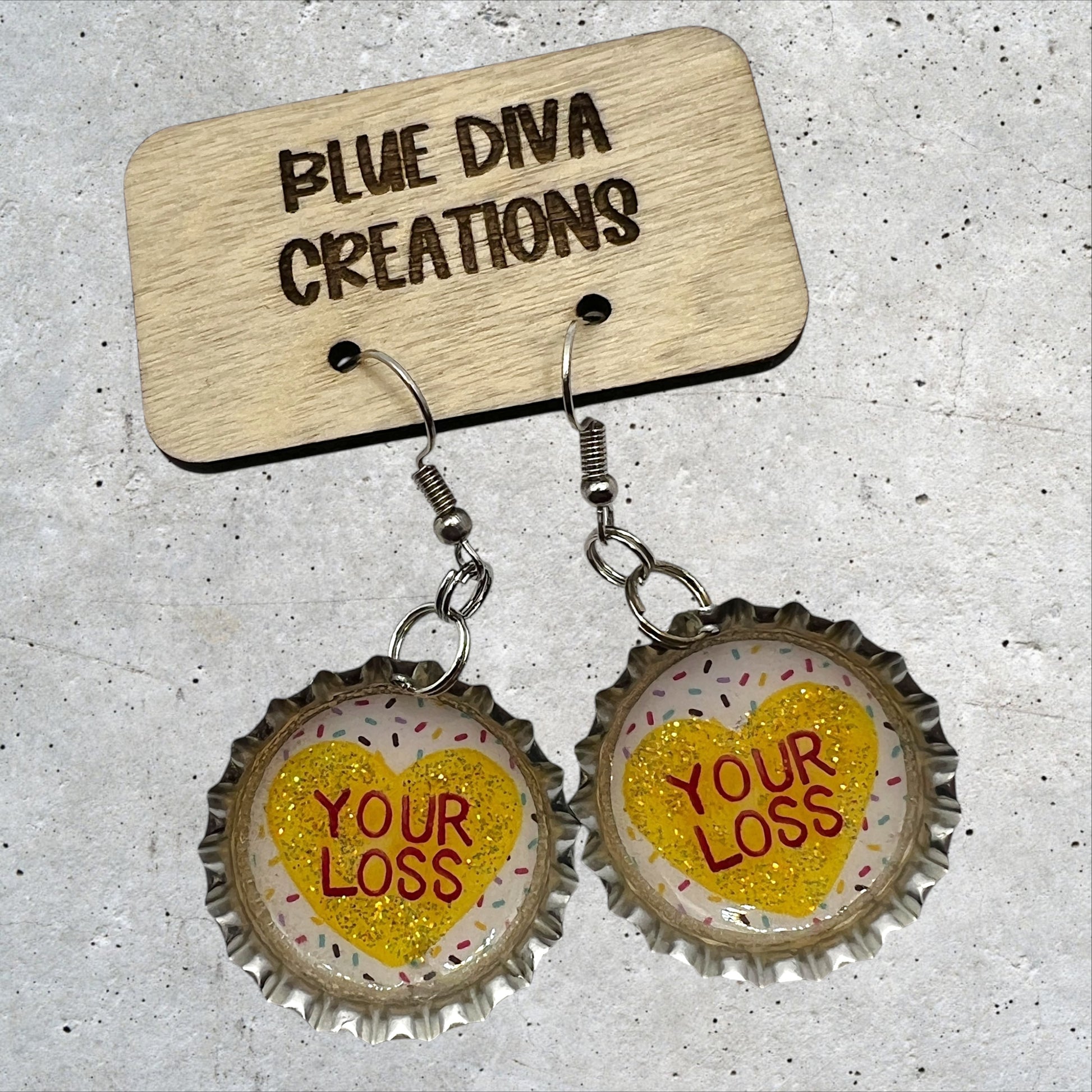 Valentine “Your Loss” Bottle Cap Earrings