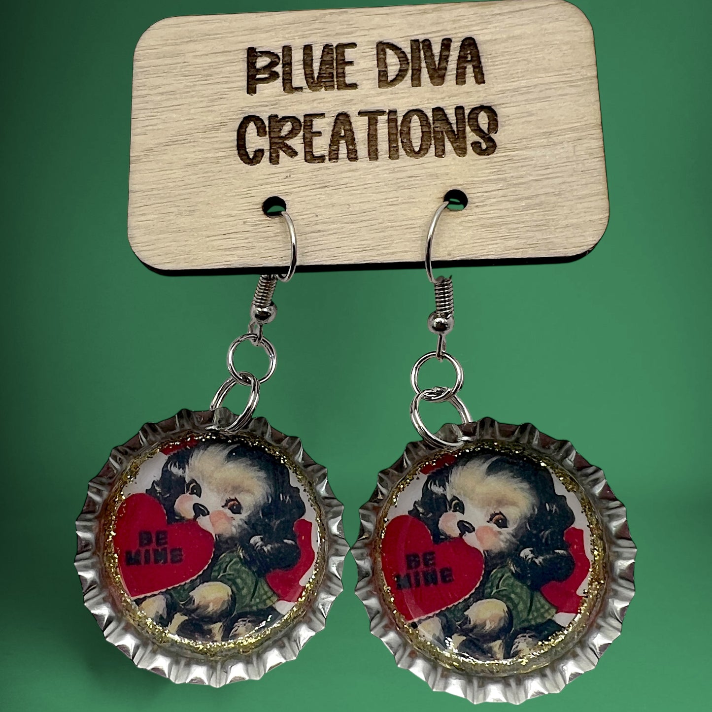 Vintage Valentine Puppy Bottle Cap Earrings