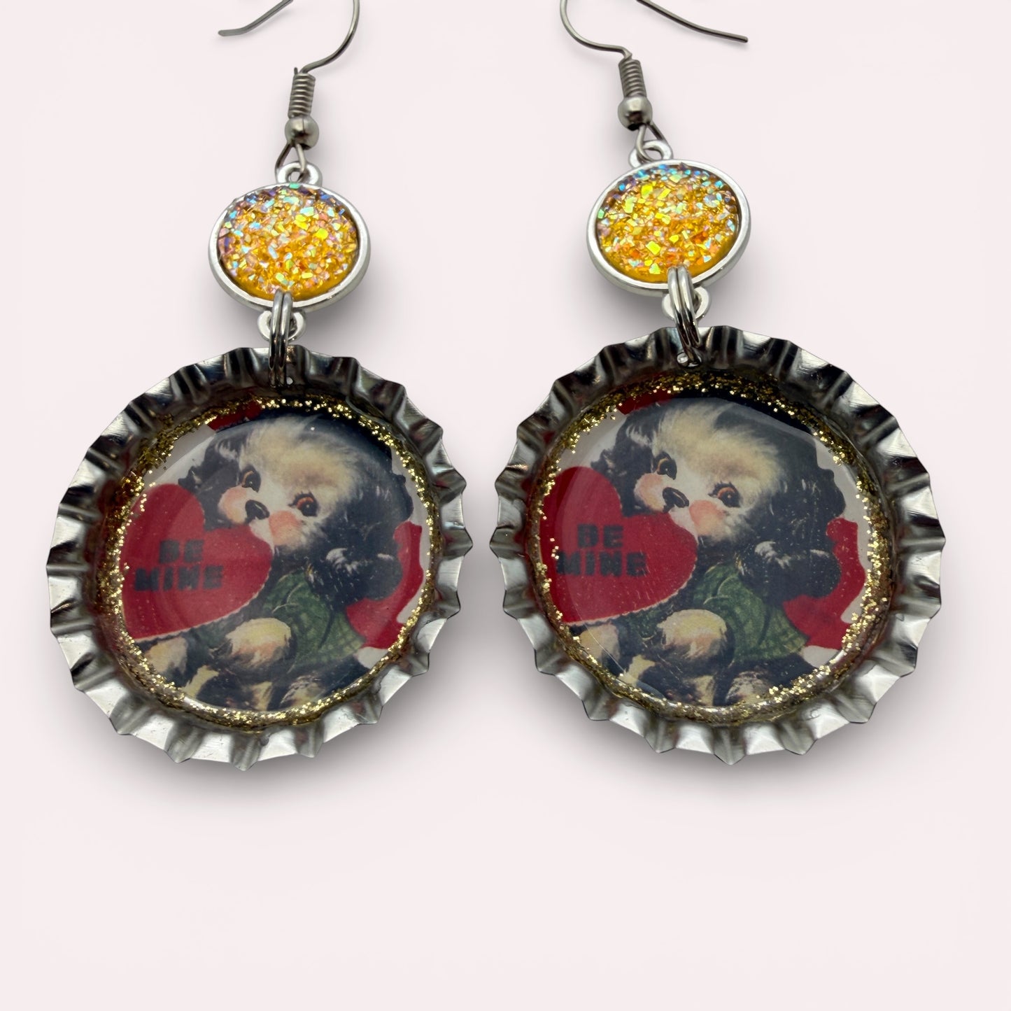 Vintage Valentine Puppy Upcycled Bottle Cap Earrings – Be Mine