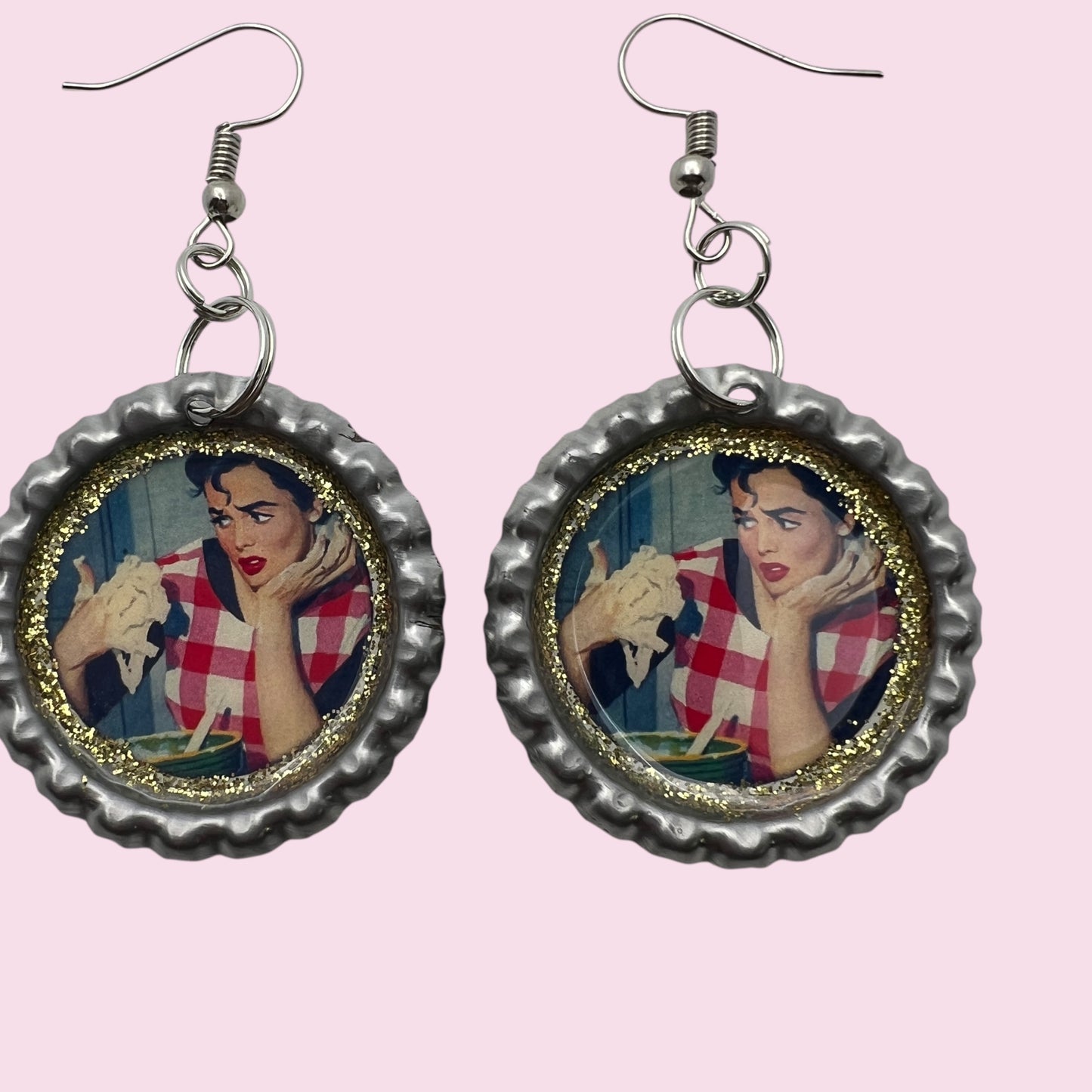 Vintage Kitchen Housewife Bottle Cap Earrings