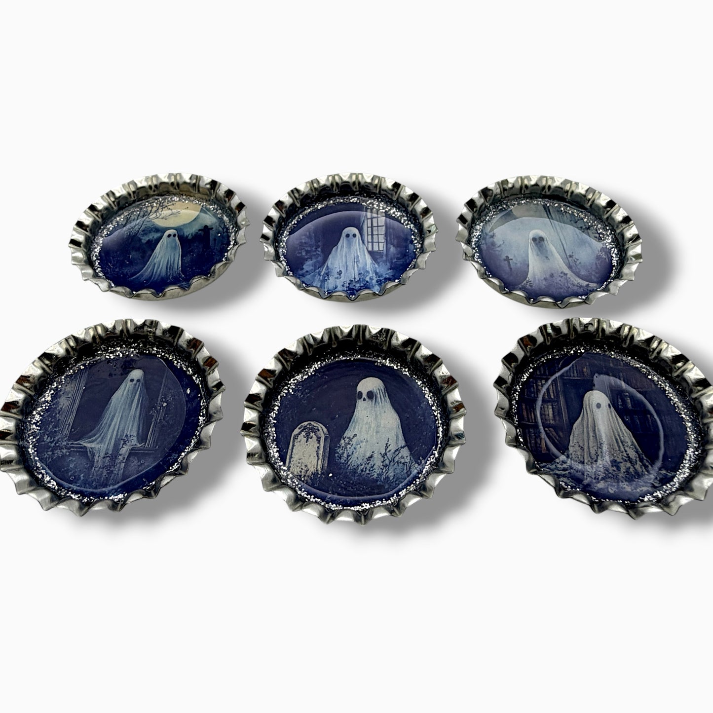Spooky Ghost Bottle Cap Magnet Set