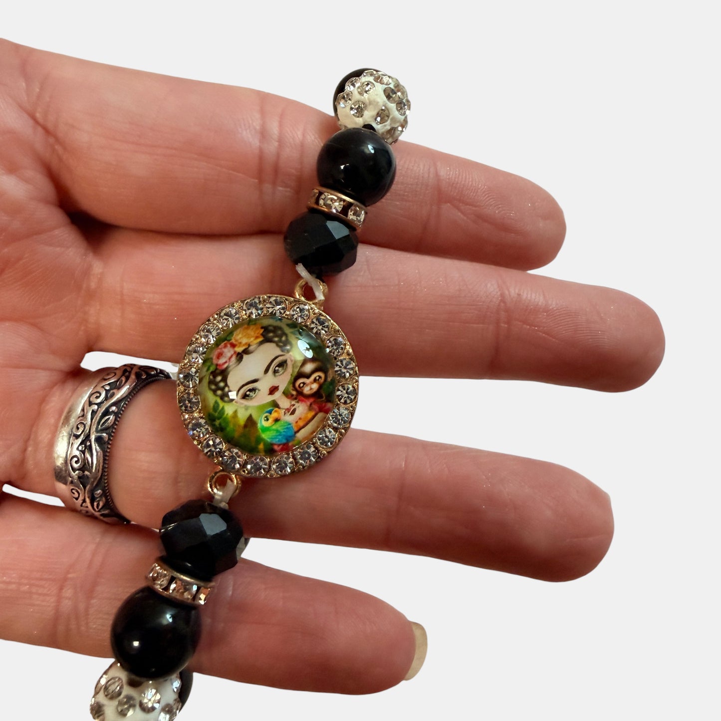 Frida Kahlo Black Beaded Stretch Bracelet Rhinestone Charm