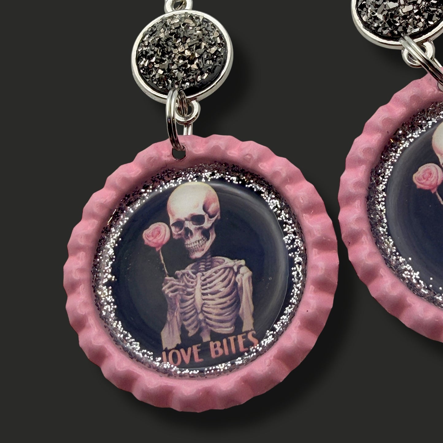 Goth “Love Bites” Skeleton Rose Druzy Bottle Cap Earrings
