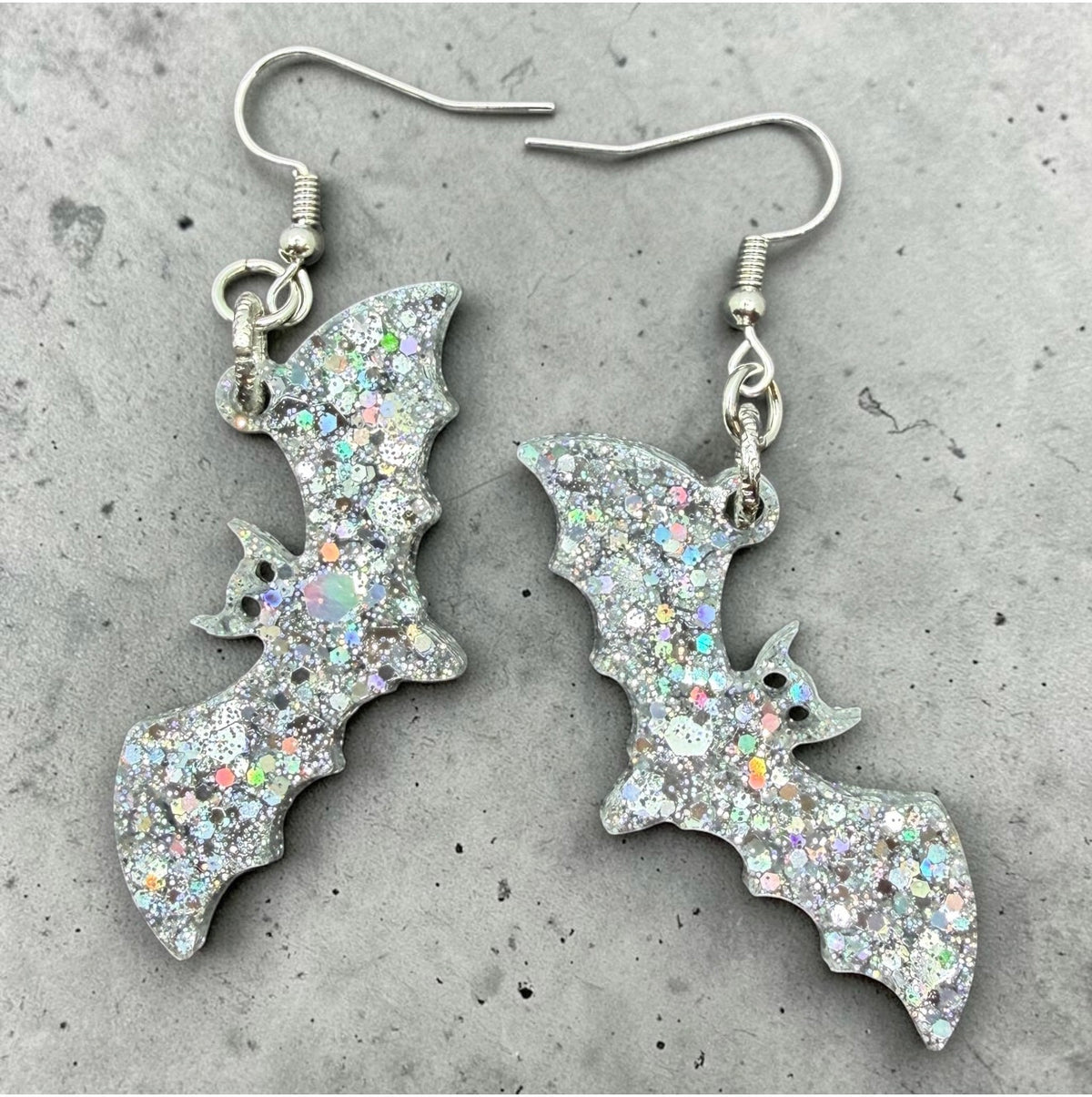 Silver Holographic Glitter Bat Earrings