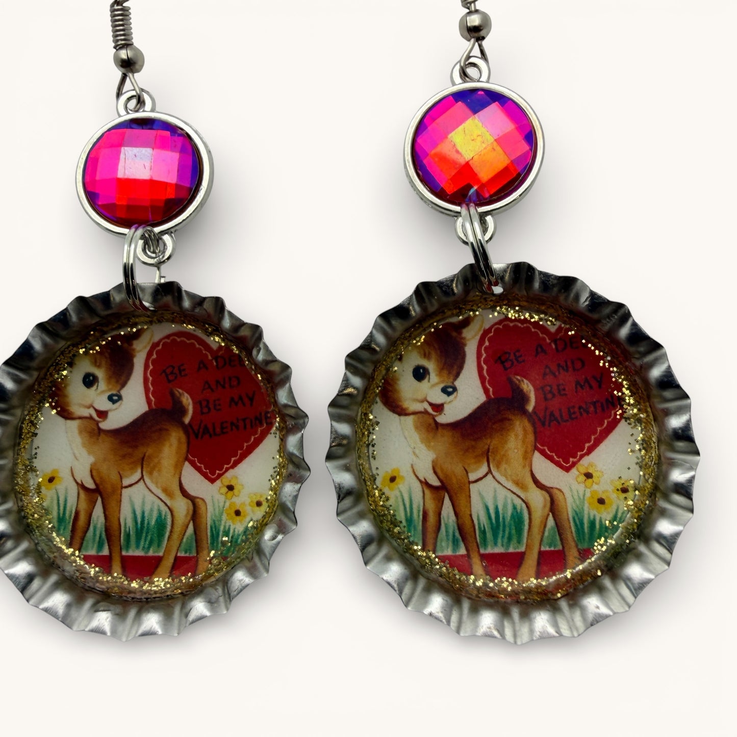 Vintage Valentine Deer Bottle Cap Dangle Earrings