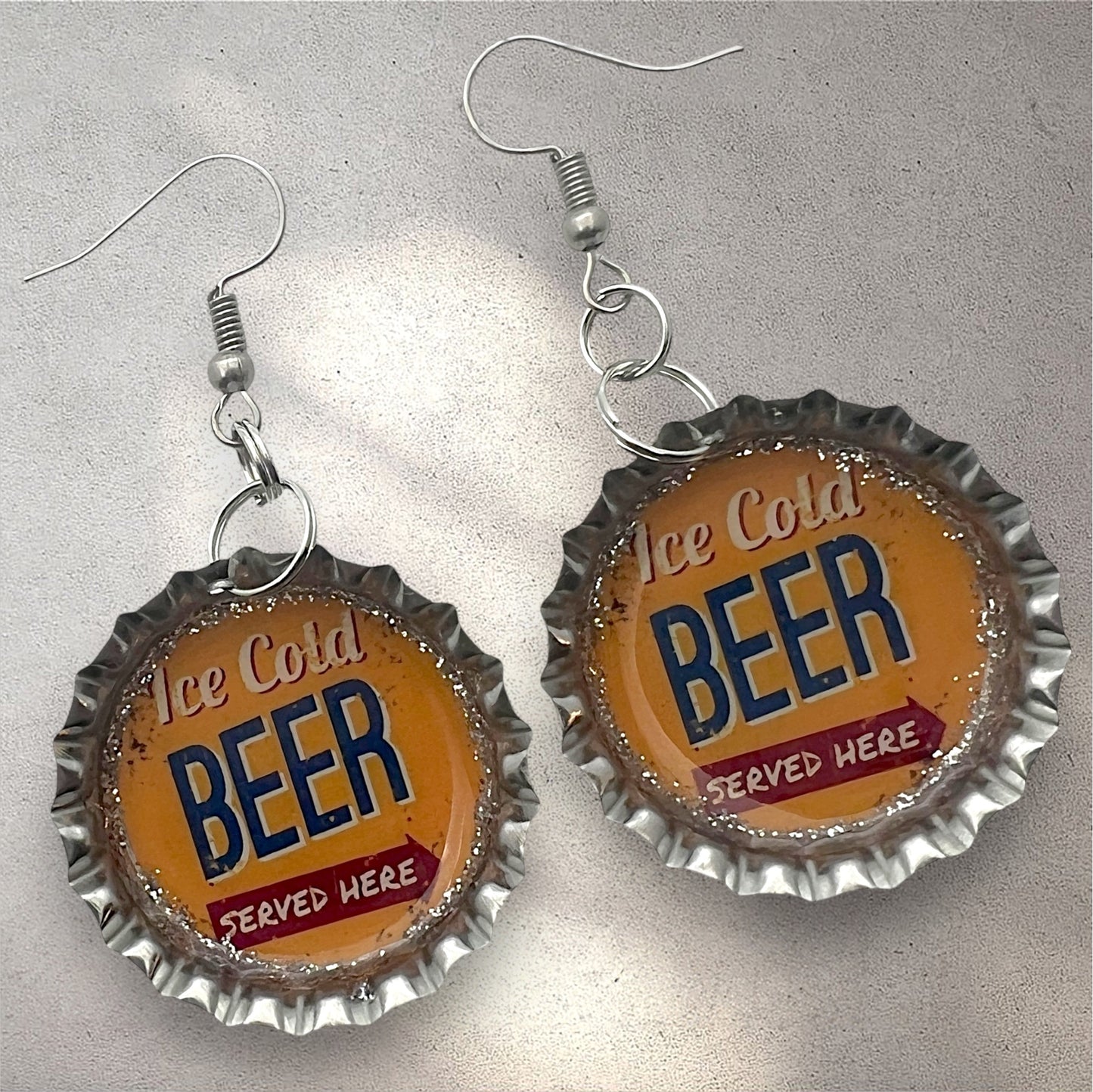 Vintage “Beer Served Here” Bottle Cap Earrings