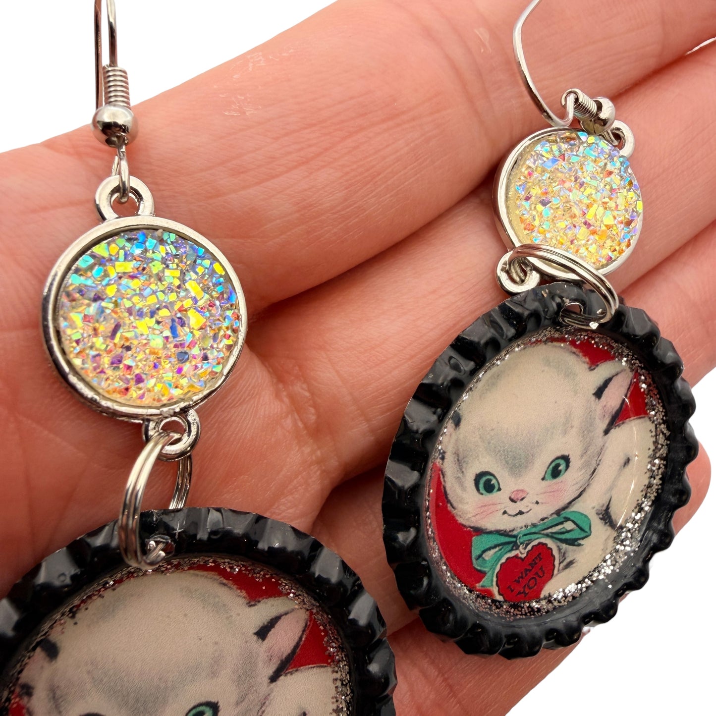 Vintage Valentine Kitten Upcycled Bottle Cap Dangle Earrings