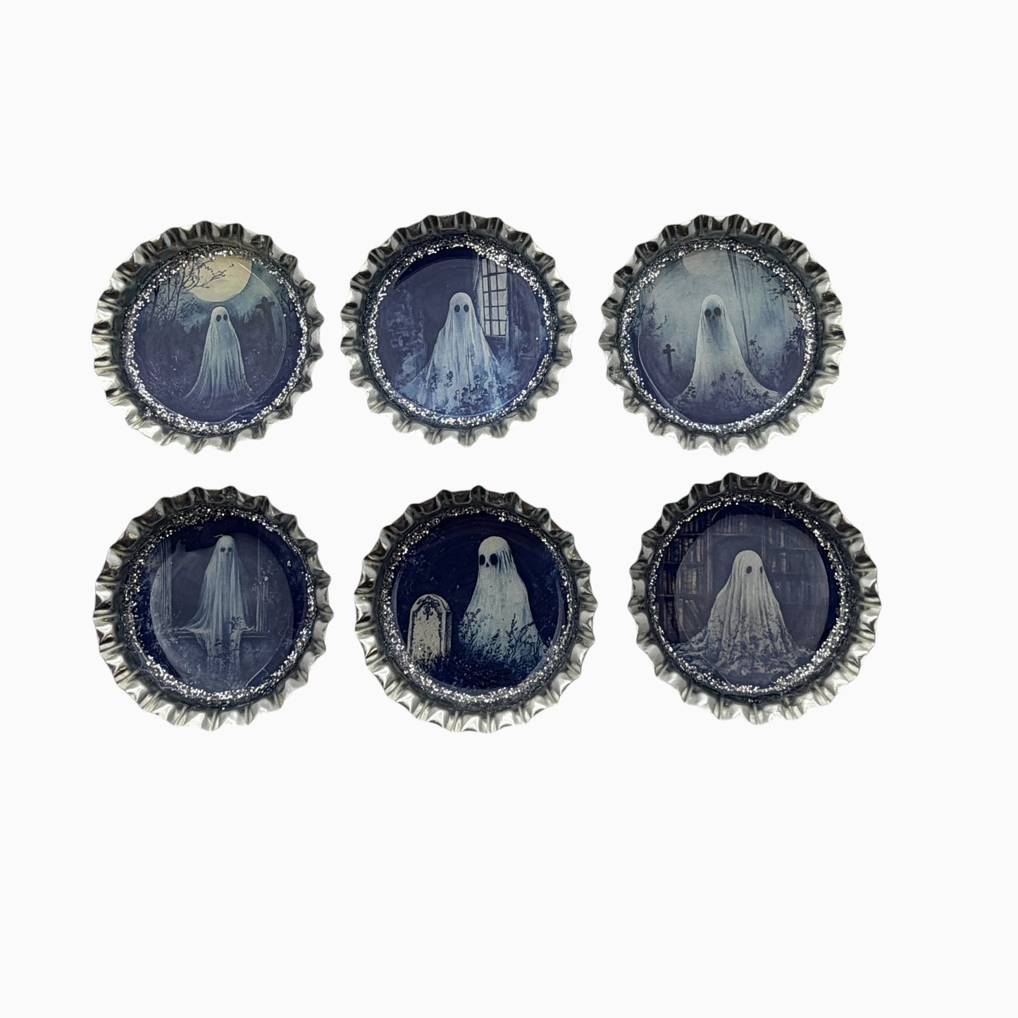 Spooky Ghost Bottle Cap Magnet Set