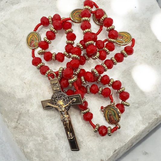 Red Crystal Rosary 21” with Our Lady of Guadalupe Medals & Gold Crucifix