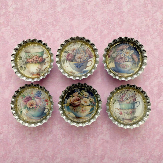 Floral Teacup Bottle Cap Magnet Set