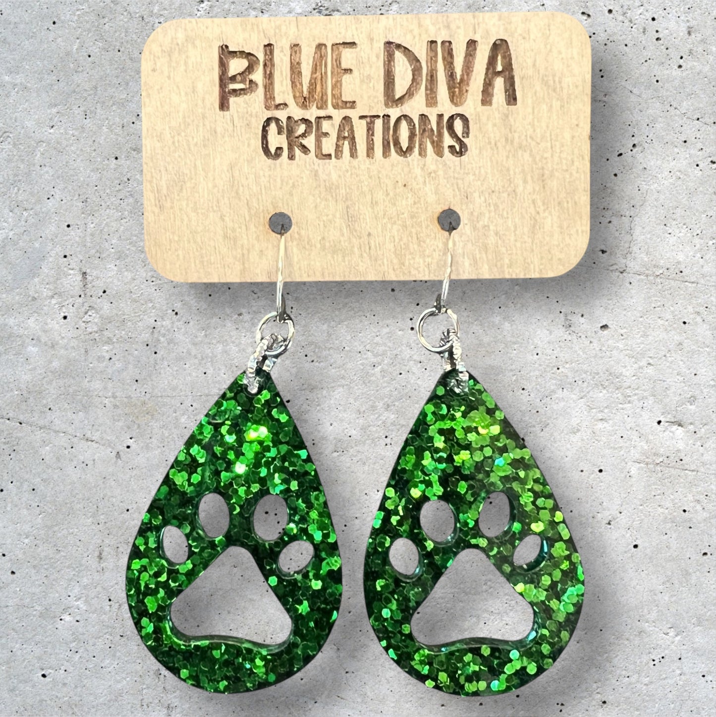 Medium Emerald Green Glitter Paw Teardrop Dangle Resin Earrings