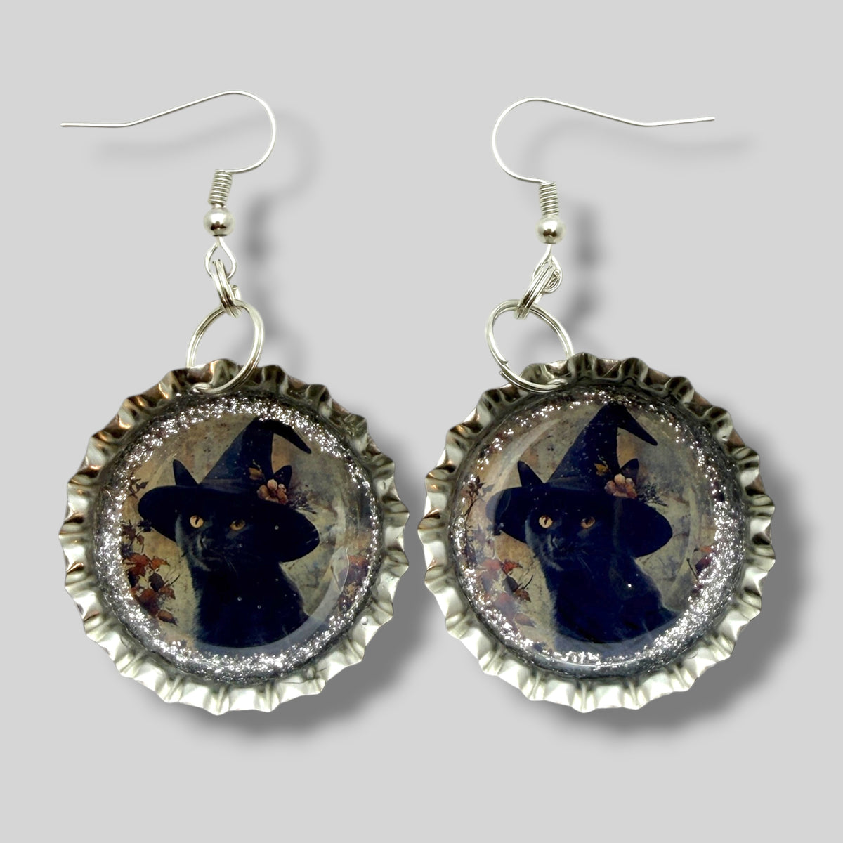 Black Cat Witch Bottle Cap Earrings