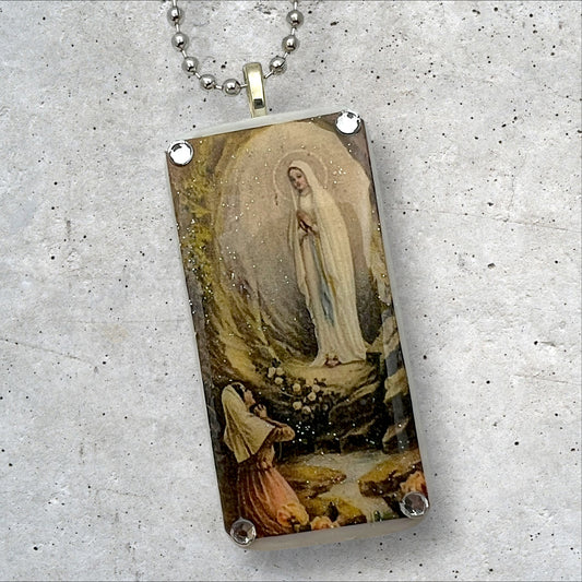 Religious blessed mother Virgin Mary Upcycled domino pendant 1x2 necklace