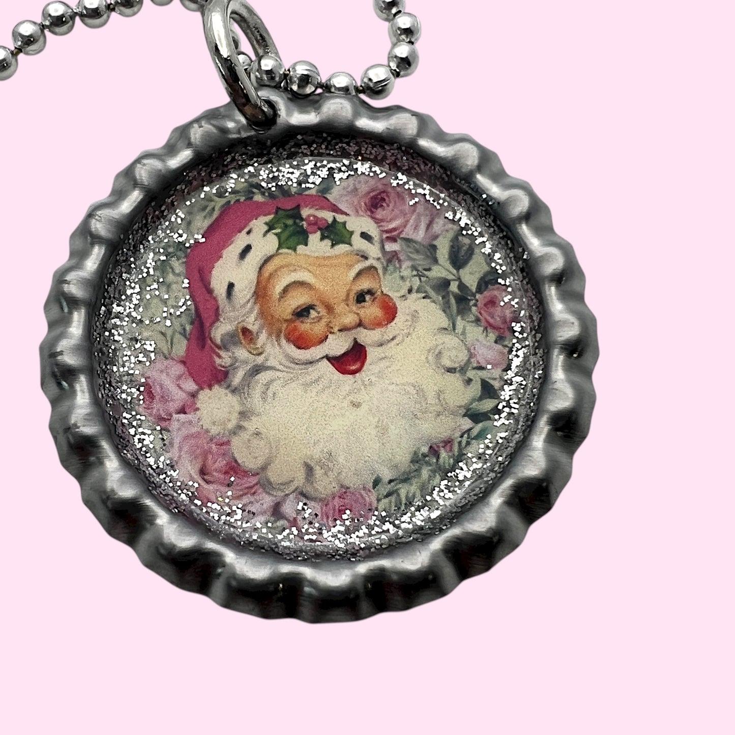 Vintage Pink Santa Bottle Cap Necklace
