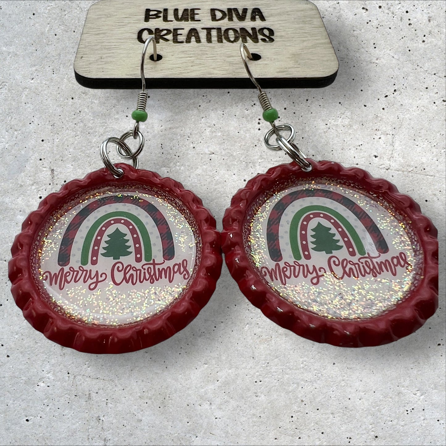 Merry Christmas Rainbow Bottle Cap Earrings