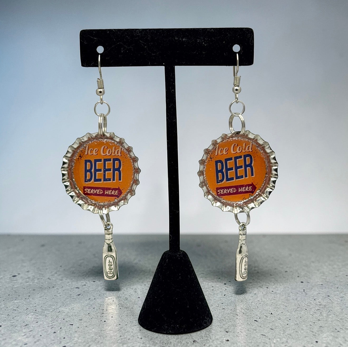 Upcycled Beer Bottle Cap Earrings with Charm