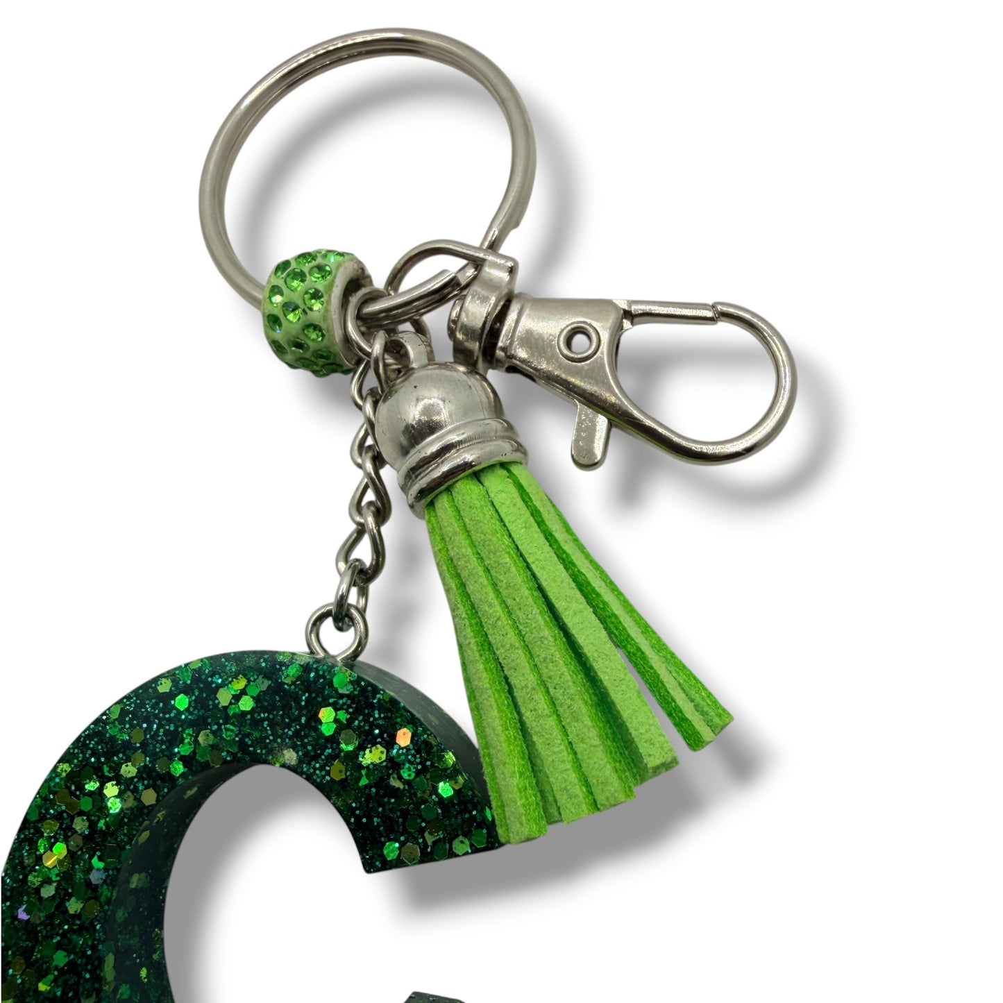 Green Glitter Initial Keychain – Resin Letter Charm with Tassel