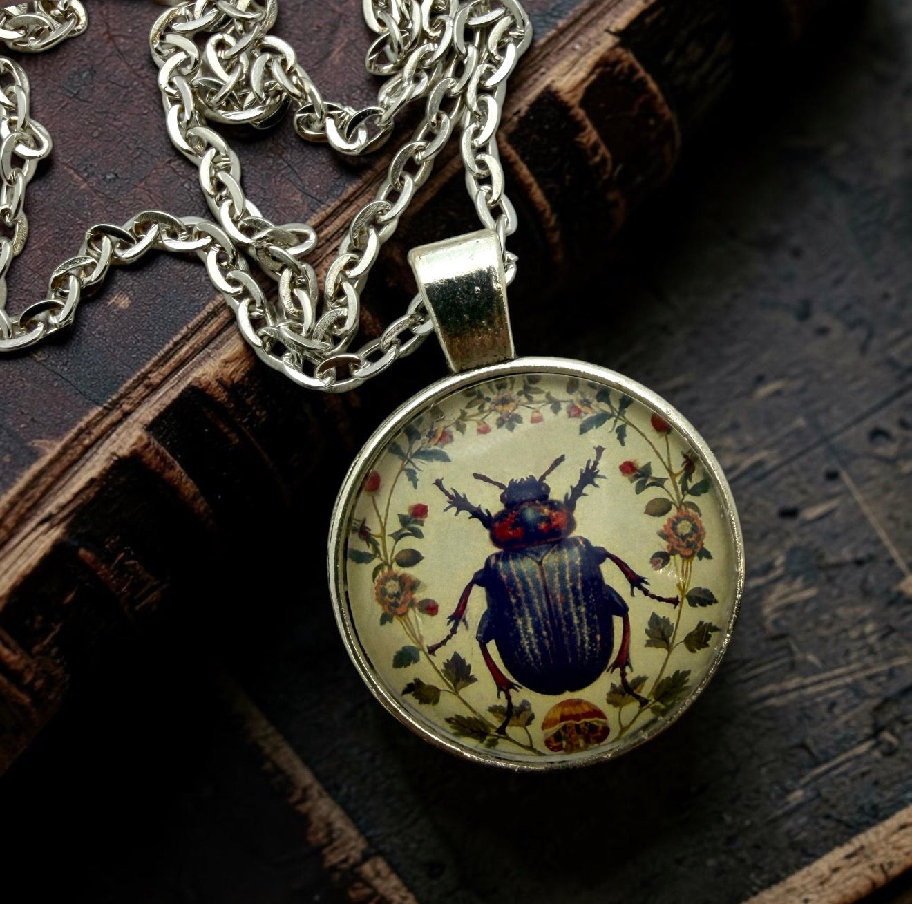 Gothic Beetle Glass Pendant Necklace
