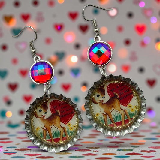 Vintage Valentine Deer Bottle Cap Dangle Earrings