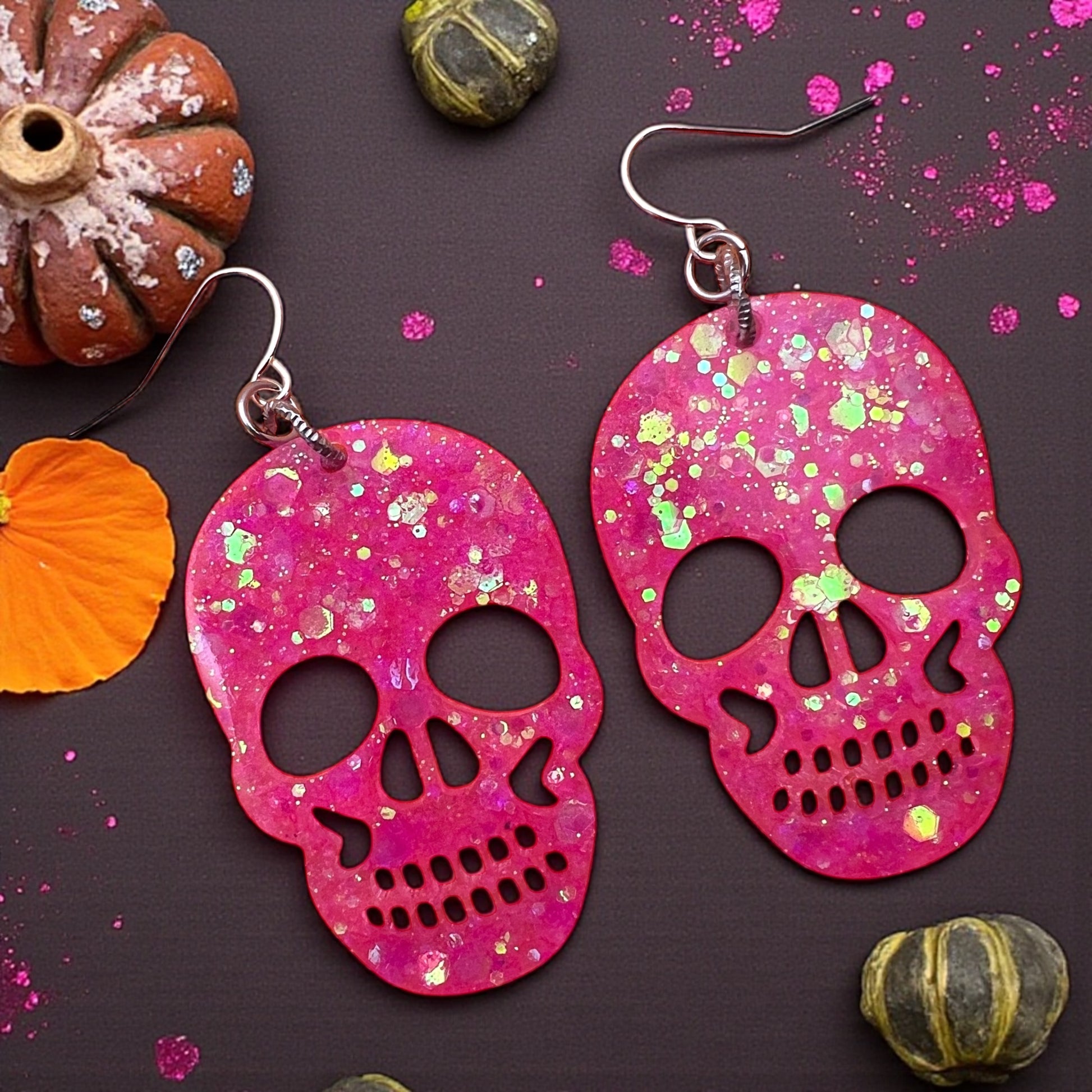 Pink Glitter Resin Skull Earrings – 2” Handmade Sparkle Dangle Halloween Jewelry