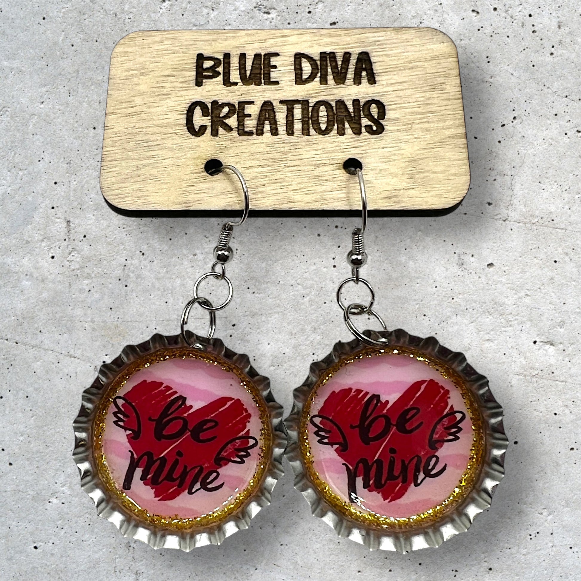 “Be Mine” Valentine Bottle Cap Earrings 