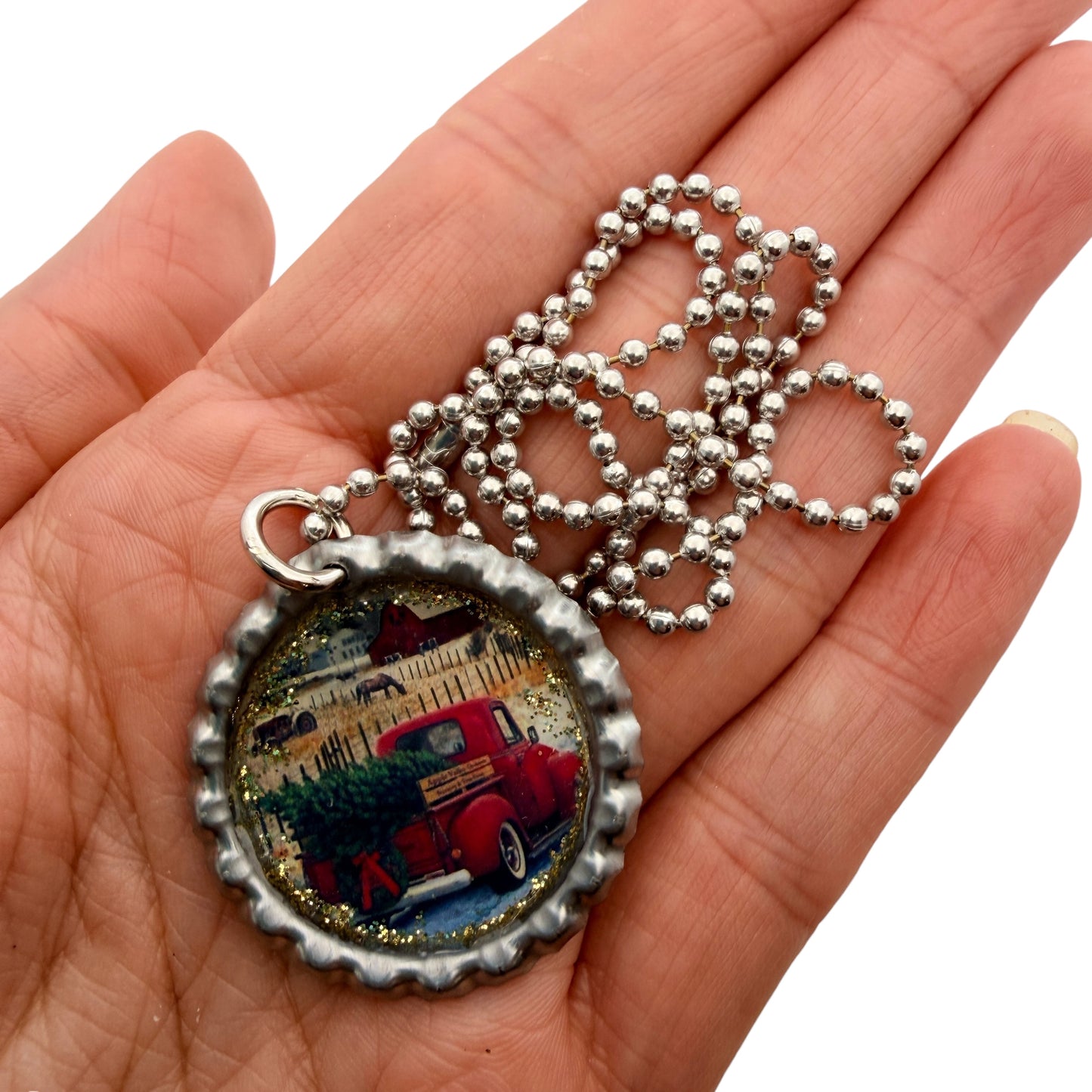Vintage Red Truck Christmas Bottle Cap Necklace