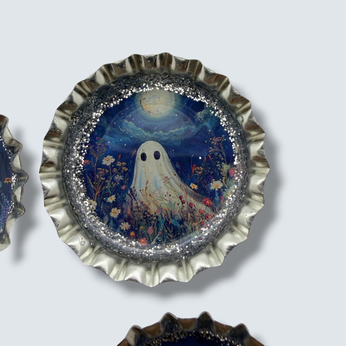 Spooky Floral Ghost Bottle Cap Magnet Set