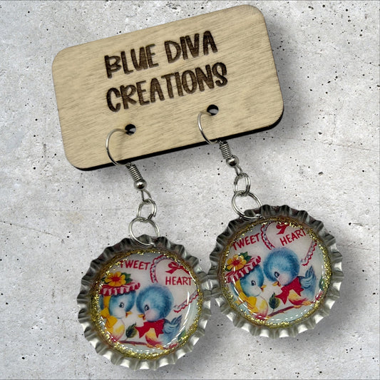 Valentine theme bottle cap earrings featuring vintage little bluebirds