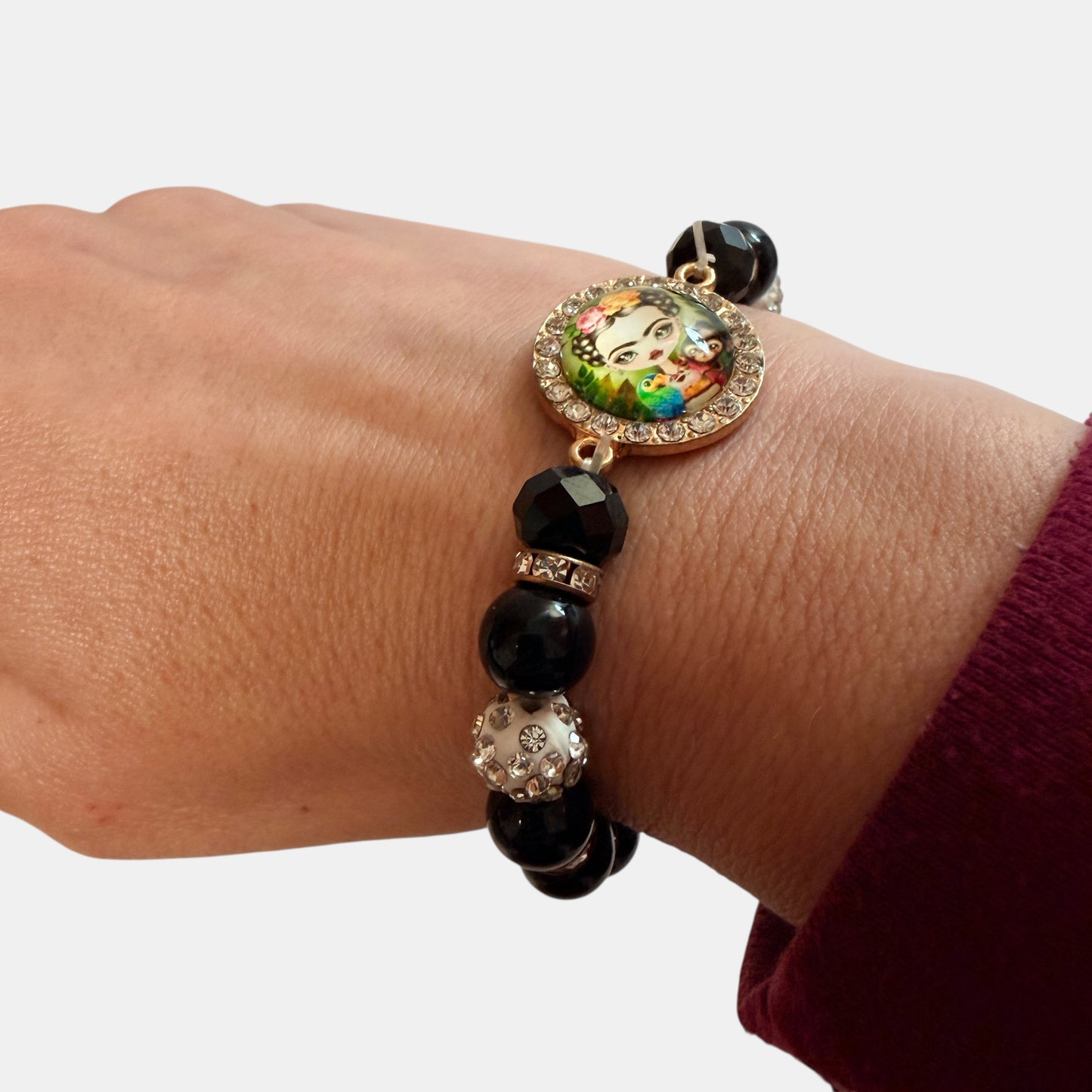 Frida Kahlo Black Beaded Stretch Bracelet Rhinestone Charm