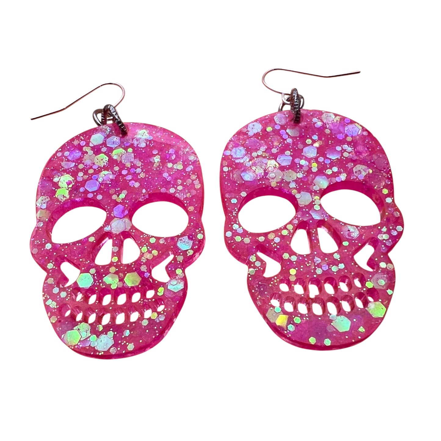 Holographic Pink Resin Glitter Skull 2” Earrings