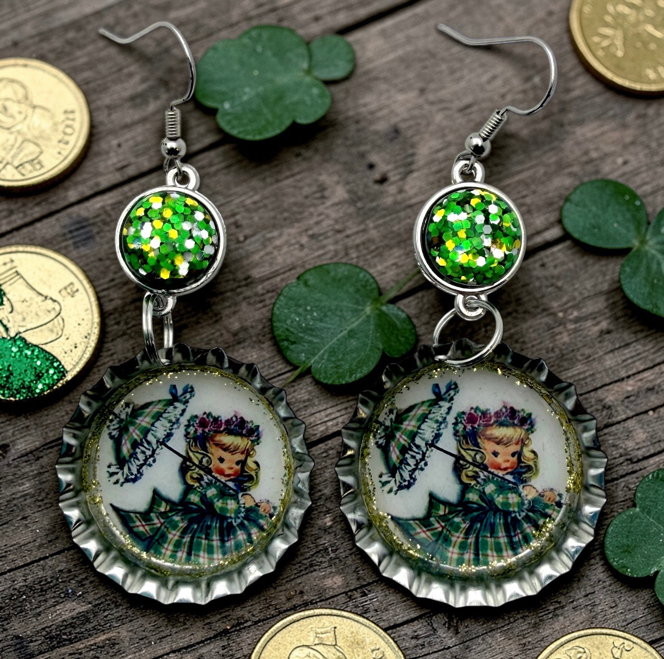 Retro Girl with Umbrella St. Patrick’s Day Bottle Cap Earrings