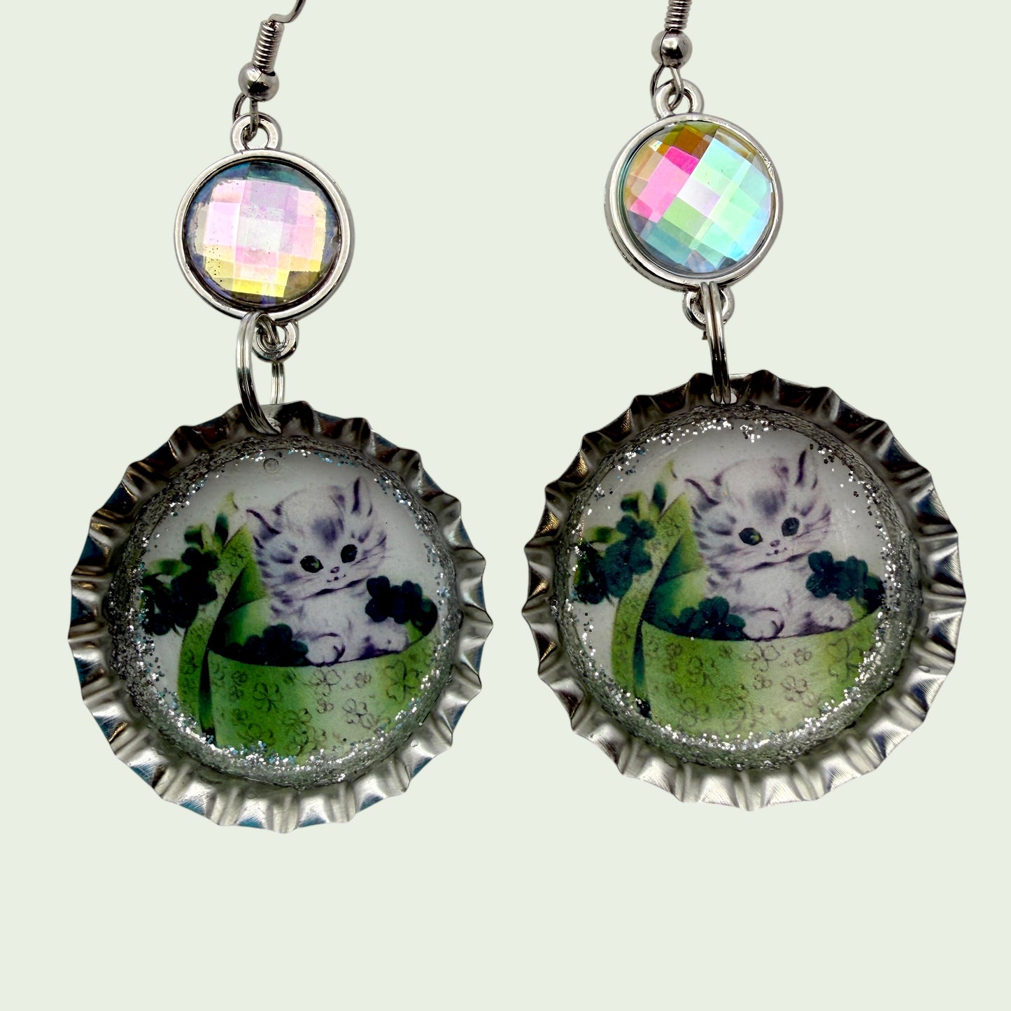 Lucky Kitten Clover Bottle Cap Earrings