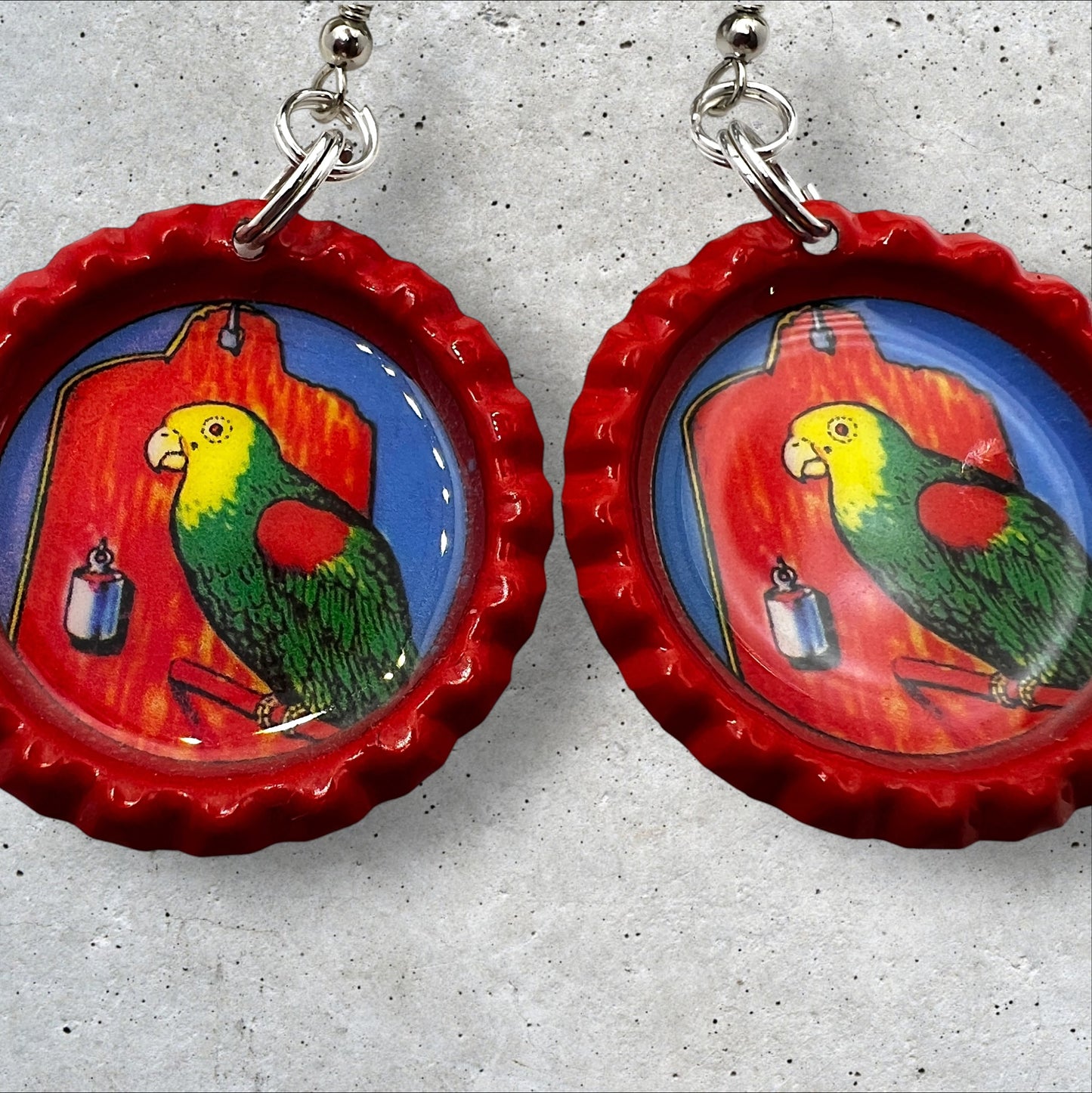 El Cotorro Mexican Loteria Card Bottle Cap Earrings