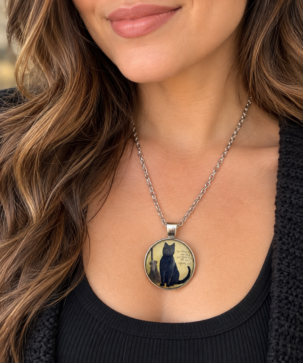 Black Cat Witch Necklace – Vintage Halloween Pendant, 24” Chain