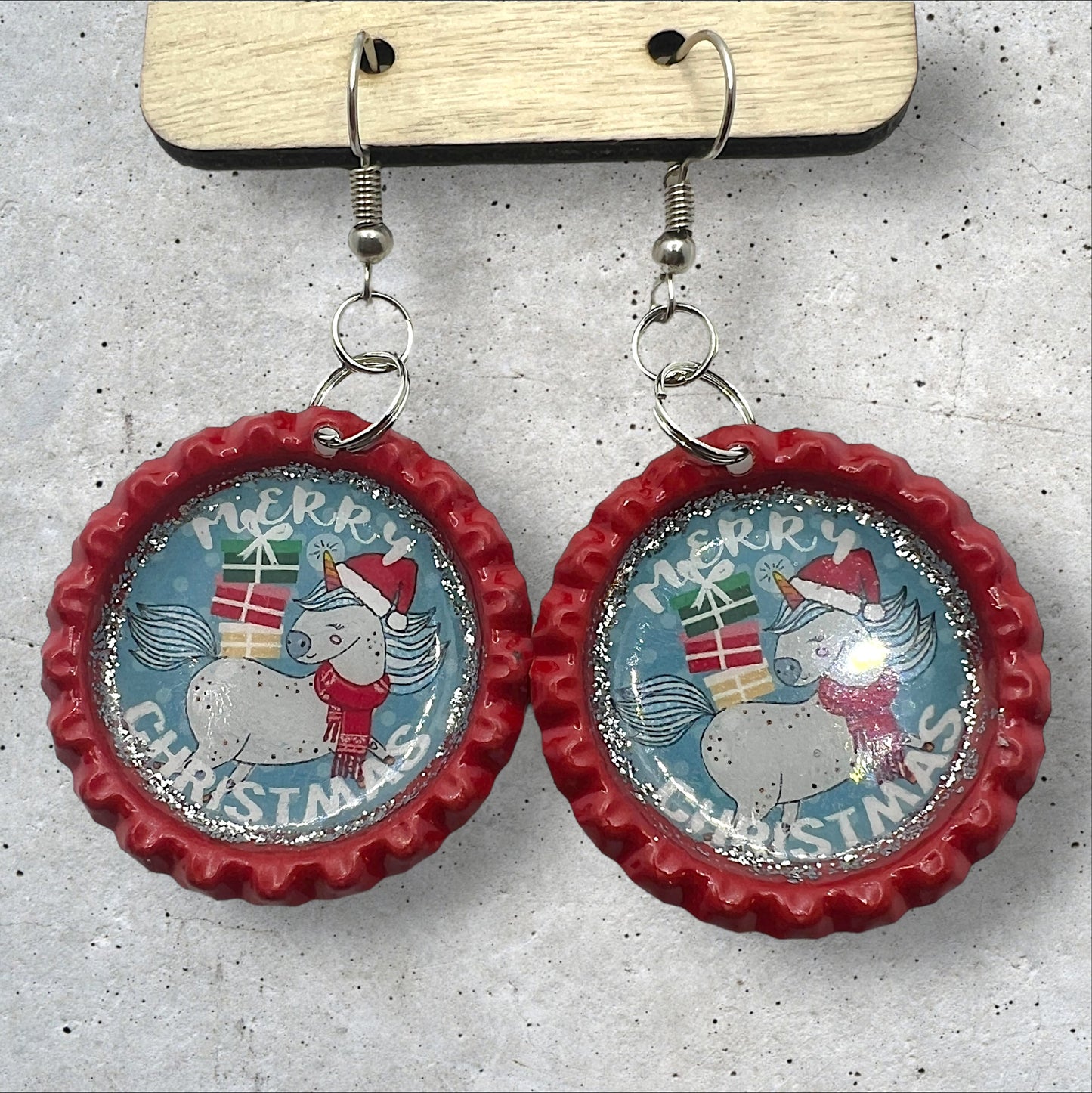 Whimsical Christmas Unicorn Red Bottle Cap Earrings