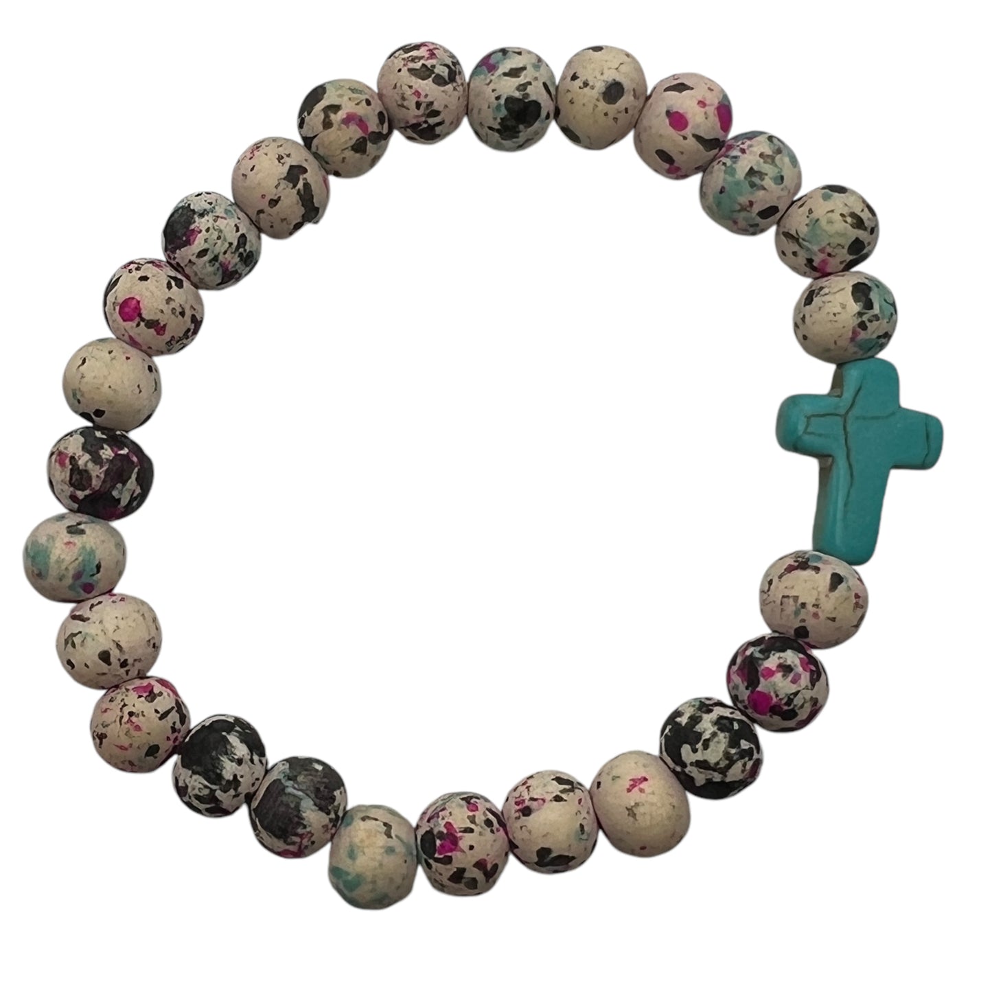 Turquoise Stone Cross Stretch Bead Bracelet