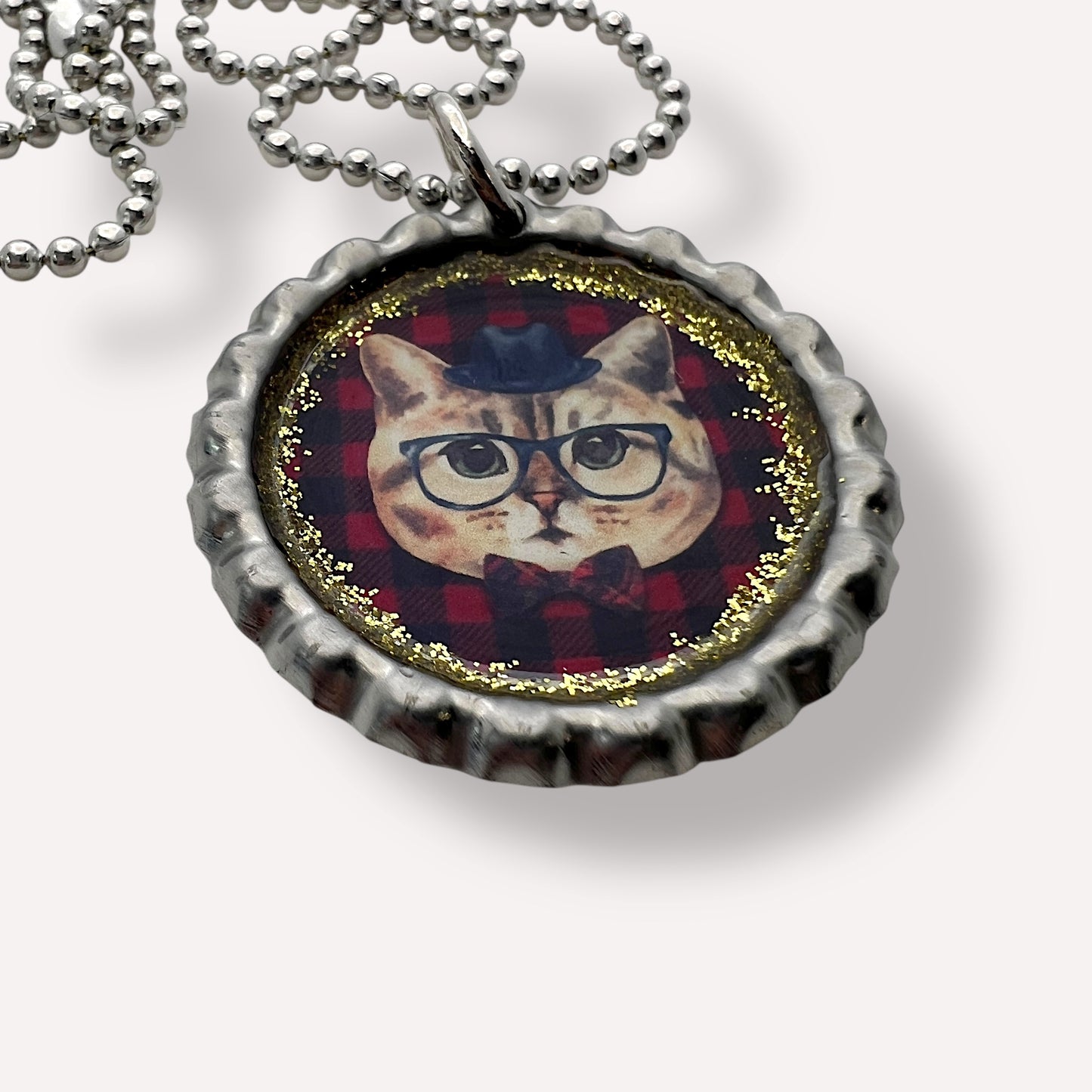 Hipster Cat Bottle Cap Necklace