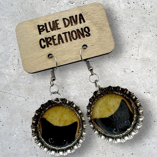 “Peeking Cat” Bottle Cap Earrings