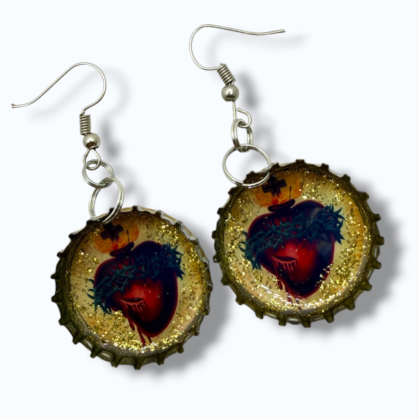 Upcycled Blue Moon Bottle Cap Sacred Heart Earrings