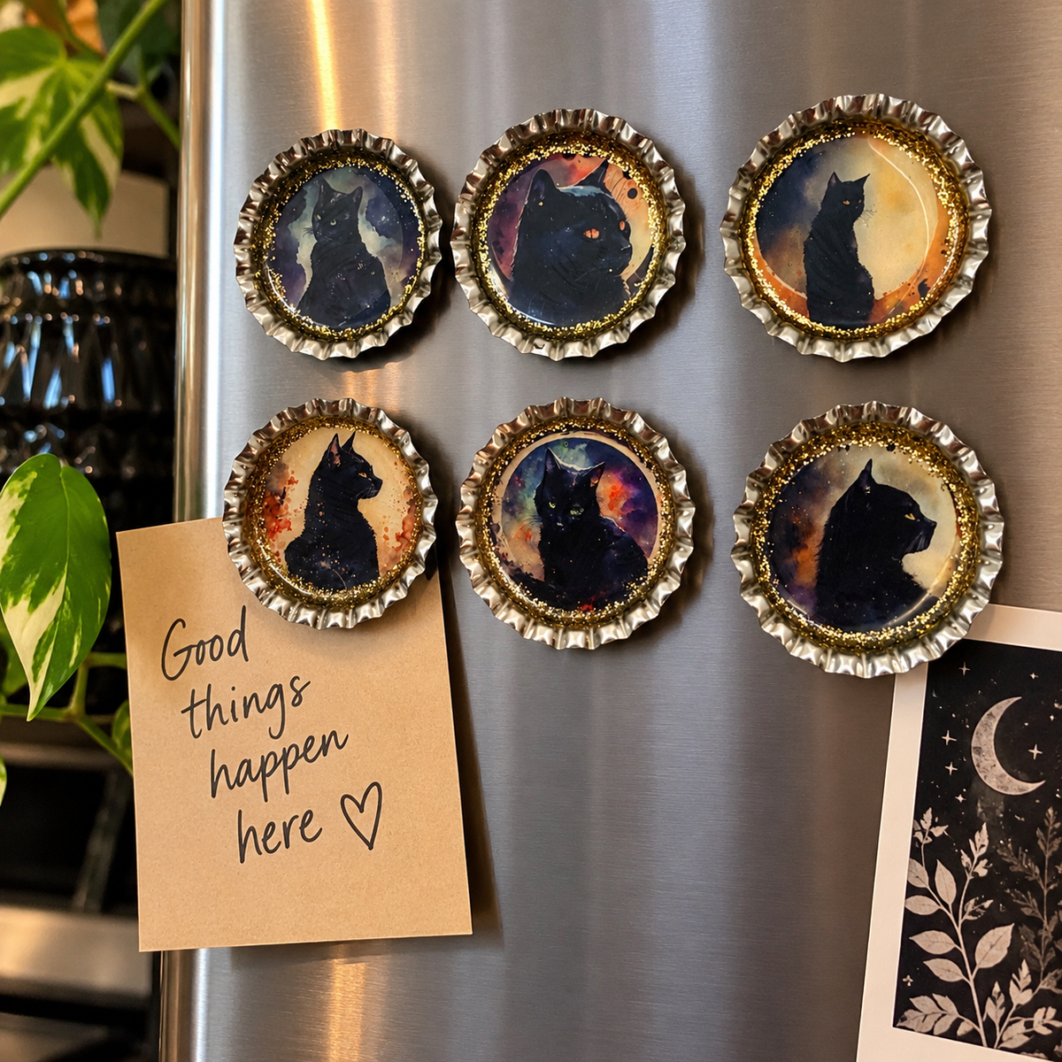 Gothic Black Cat Bottle Cap Magnets