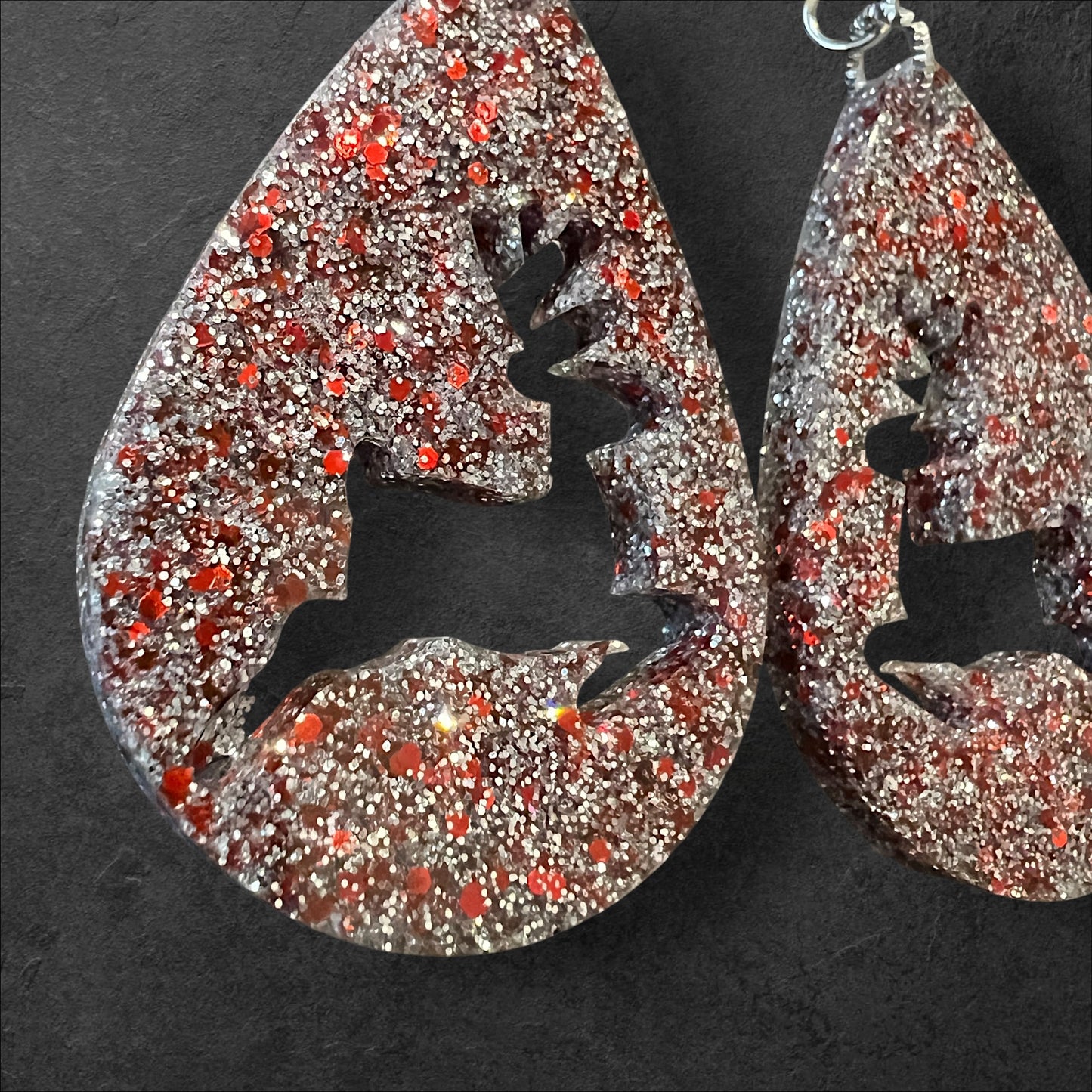 Silver and Red Glitter Reindeer Resin Teardrop Earrings