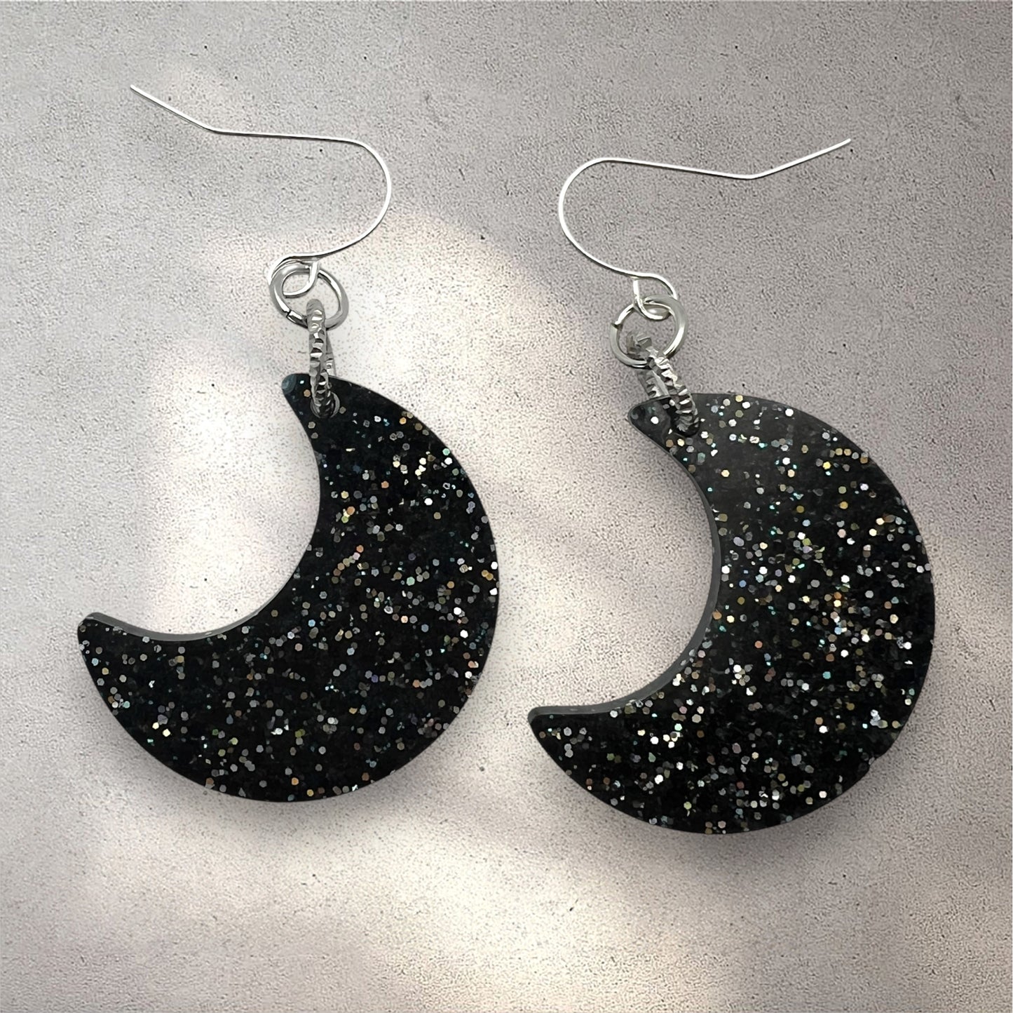 Black Glitter Resin Crescent Moon Earrings 