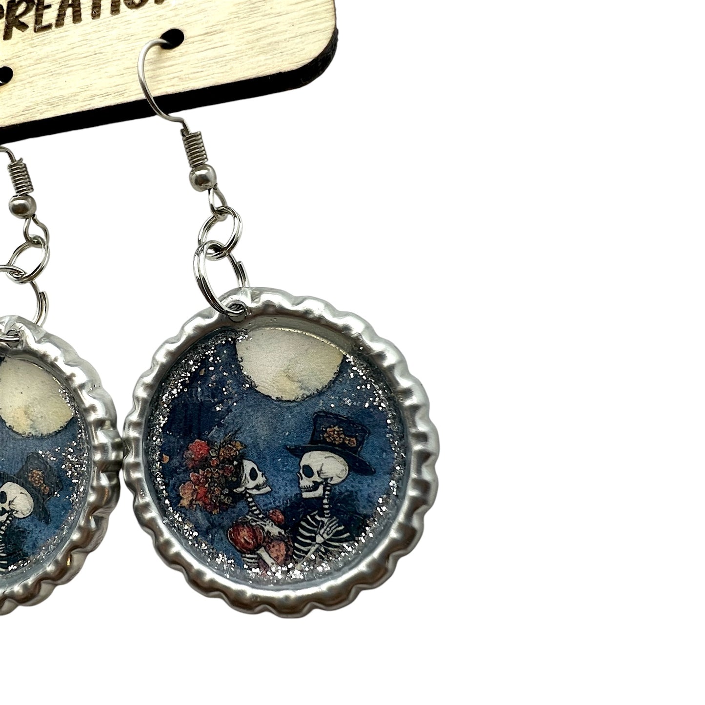 “Dancing in the Moonlight”Skeleton Couple Bottle Cap Earrings