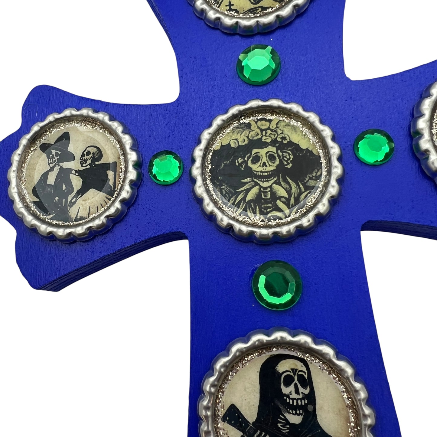 Blue Wooden Cross with Bottle Cap Calavera Art – Día de los Muertos Wall Décor