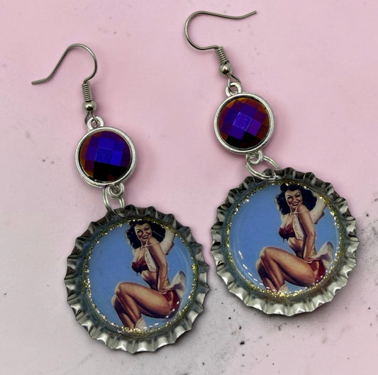 Cowgirl Pinup Bottle Cap Earrings